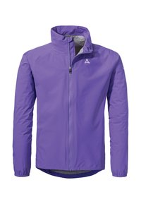 Lila leichte Jacke mit hohem Kragen, durchgehendem Reißverschluss, elastischen Bündchen und belüftetem Rücken für Atmungsaktivität. Glattes, wasserdichtes Material.