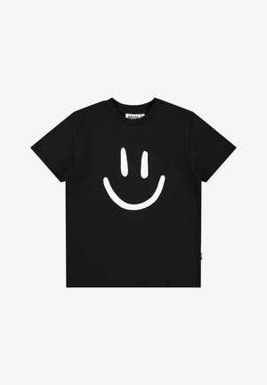 Sort bomulds T-shirt med et stort hvidt smiley ansigt design på fronten. Korte ærmer med rund halsudskæring.
