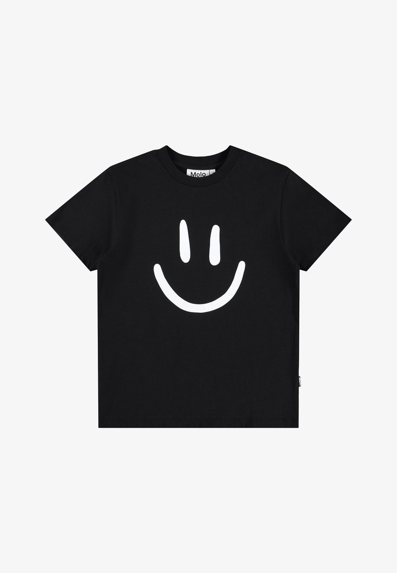 Černé bavlněné tričko s velkým bílým úsměvem na přední straně. Krátké rukávy a kulatý výstřih.