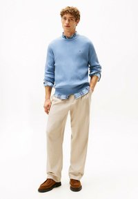 Młody mężczyzna stoi, ubrany w jasnoniebieski sweter o prążkach na niebieską koszulę w kratę, beżowe spodnie i brązowe zamszowe buty na białym tle.