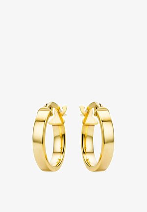 Gold-tone hoop earrings with a polished finish, featuring a flat, rounded design and secure clasp closure. Smooth texture with minimal detailing.