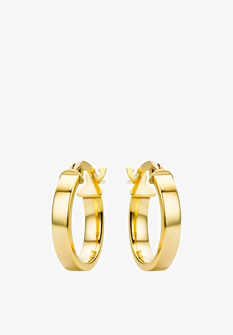 Goldfarbene Creolen mit polierter Oberfläche, die ein flaches, abgerundetes Design und einen sicheren Verschluss haben. Glatte Textur mit minimaler Detailierung.