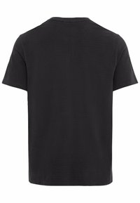 Schwarzes T-Shirt mit kurzen Ärmeln aus weichem Stoff, mit Rundhalsausschnitt und einer glatten, leicht strukturierten Oberfläche sowie einem geraden Saum.