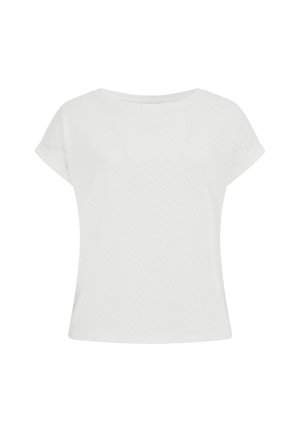 Weißes Kurzarm-Top aus strukturiertem Stoff mit Fischgrätmuster und lockerer Passform, mit rundem Ausschnitt.