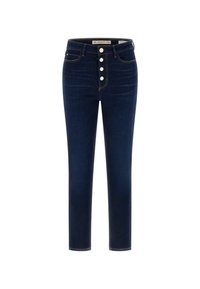 Donkerblauwe high-waist jeans gemaakt van denim, met een sluiting met vijf knopen aan de voorkant, subtiele stiksels en een rechte pijp.