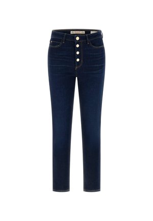 Donkerblauwe high-waist jeans gemaakt van denim, met een sluiting met vijf knopen aan de voorkant, subtiele stiksels en een rechte pijp.