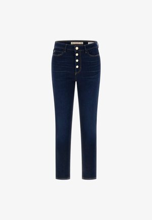 Donkerblauwe high-waist jeans gemaakt van denim, met een sluiting met vijf knopen aan de voorkant, subtiele stiksels en een rechte pijp.