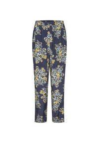 Pantaloni da pigiama con motivo floreale in blu navy, con fiori blu e gialli, vita elastica, vestibilità ampia e texture del tessuto liscia.