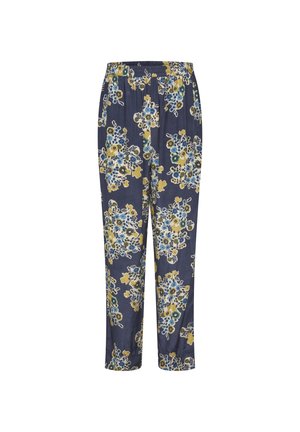 Pantaloni da pigiama con motivo floreale in blu navy, con fiori blu e gialli, vita elastica, vestibilità ampia e texture del tessuto liscia.