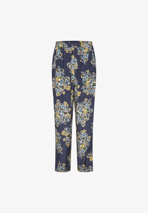 Pantaloni da pigiama con motivo floreale in blu navy, con fiori blu e gialli, vita elastica, vestibilità ampia e texture del tessuto liscia.