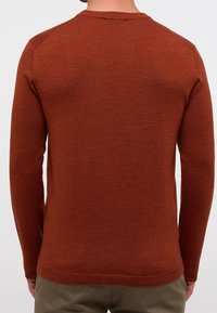 Rostfärgad tröja i mjukt stickat material, med en klassisk rund halsringning och långa ärmar, samt ribbade muddarna och nederkanten.