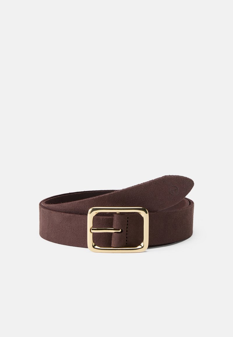 Brown suede belt with a rectangular gold metal buckle, featuring a smooth texture and a tapered end. Simple design without additional patterns.