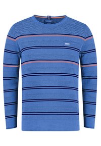 Blauer Pullover mit langen Ärmeln und strukturiertem Strickmuster, mit horizontalen Streifen in Marineblau, Orange und verschiedenen Blautönen.