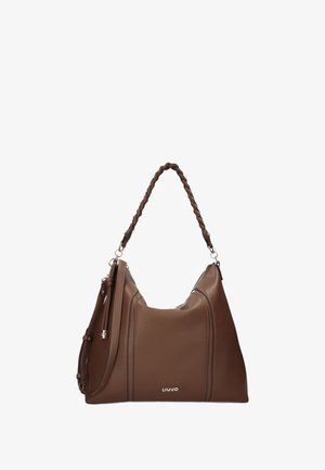 Brązowa skórzana torebka na ramię z plecioną rączką, gładką fakturą i zamkiem błyskawicznym. Na przedniej stronie znajduje się logo, a torebka wyposażona jest w odpinany pasek.