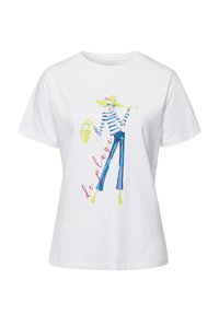 Biała bawełniana koszulka z kolorową ilustracją postaci w pasiaku i szerokich spodniach, z napisem "de plage."