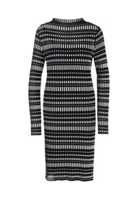 Gestreiftes Langarmkleid in Schwarz und Weiß, mit vertikalen und horizontalen Streifen. Rundhalsausschnitt, taillierte Silhouette und knieumspielende Länge.