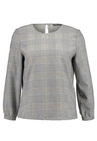 Blouse grise à carreaux avec manches longues, encolure ronde et petite ouverture au dos. Présente un motif noir et blanc avec des accents jaunes.