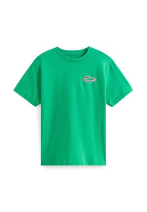 Green cotton t-shirt with a crew neckline. Features a small, embroidered logo on the chest. Short sleeves and a regular fit.