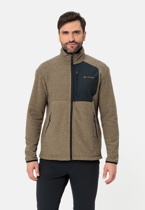 Brown-textured fleece jacket with a black zippered chest pocket, high collar, and two side pockets. Features contrasting colors and materials.