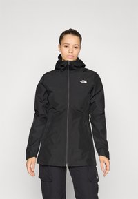 Black waterproof jacket with a hood, front zipper, and adjustable waist, featuring a logo on the chest and elastic cuffs.