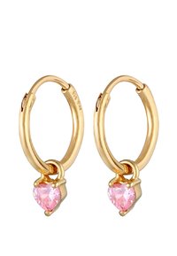 Guld hoops øreringe med hjerteformede pendenter af lyserøde cubic zirconia. Designet inkluderer en glat, blank finish med en sikker lås.