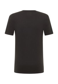 Schwarzes T-Shirt mit kurzen Ärmeln aus geripptem Stoff, mit rundem Halsausschnitt und normaler Passform. Die Textur ist leicht erhaben mit einem dezenten Muster.