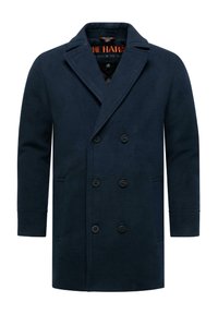 Námornícky kabát z vlnenej zmesi s dvojitým zapínaním, klopa so zárezmi a dvoma bočnými vreckami. Má čierne gombíky a hladkú textúru.