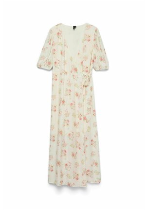 White wrap dress with pink floral print, short puffed sleeves, and side tie, displayed on a white background.