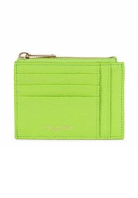 Porte-cartes en cuir vert vif avec plusieurs emplacements pour cartes et un compartiment zippé, doté de quincaillerie en ton doré et de surpiqûres contrastantes.