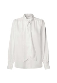 Blusa bianca con scollo a cravatta, maniche lunghe a sbuffo e una texture liscia e setosa. Presenta bottoni lungo la parte anteriore e una vestibilità rilassata.