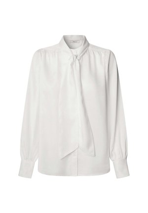 Blusa bianca con scollo a cravatta, maniche lunghe a sbuffo e una texture liscia e setosa. Presenta bottoni lungo la parte anteriore e una vestibilità rilassata.