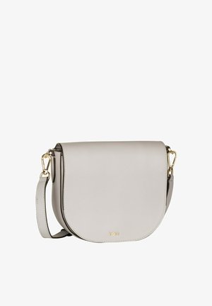 Lichtgrijze leren crossbodytas met afgeronde flap, hardware in goudtint en het "BOSS"-logo gegraveerd in het midden aan de voorzijde.