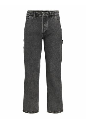 Schwarze Denim-Cargohose mit geradem Bein, ausgestattet mit Seitentaschen und einem Knopfverschluss. Strukturiertes Gewebe mit dezentem Verblassen.