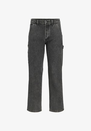 Crne traperice cargo s ravnim nogavicama, s bočnim džepovima i kopčanjem na dugme. Teksturirana tkanina s blagim izbljeđenjem.