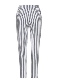 White pants with vertical navy stripes, elastic waistband, tapered fit, lightweight fabric, and no visible hardware.