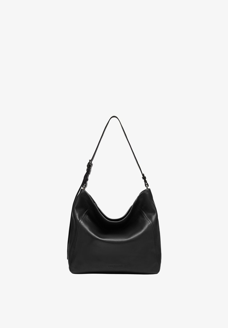 Sac à main en cuir noir au design hobo, avec une seule sangle réglable, texture lisse et quincaillerie argentée minimaliste.