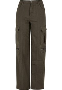 Pantaloni cargo verde oliva in cotone, con diverse tasche laterali, una vestibilità rilassata e dettagli con cerniera sulla parte inferiore delle gambe.
