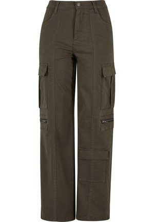 Pantalons cargo vert olive en coton, dotés de plusieurs poches latérales, d'une coupe décontractée et de détails zippés sur le bas des jambes.