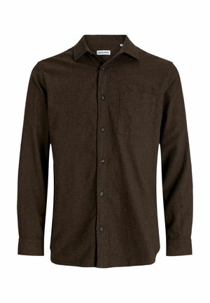 Donkerbruine button-up overhemd met lange mouwen, kraag en borstzak, eenvoudige ontwerp, gemaakt van zachte stof.