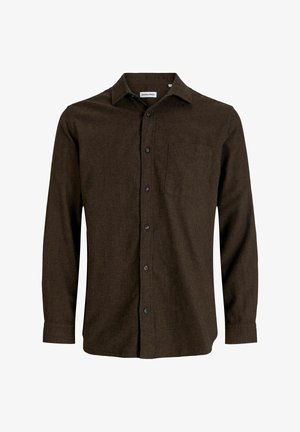 Tumši brūns garām piedurknēm ar pogām krekls ar apkakli un krūšu kabatu, vienkāršs dizains, izgatavots no mīksta auduma.