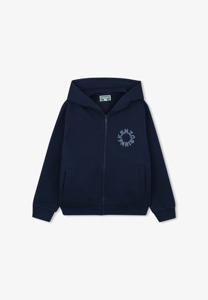 Marineblauwe sweatvest met rits in katoenmix met logo borduring. Voorzien van een grote capuchon, zijzakken en geribbelde manchetten voor comfort.