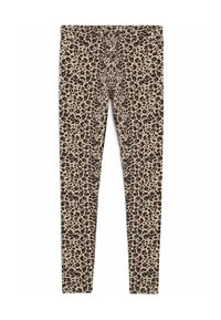 Luipaardprint legging in zachte, rekbare stof. Beige basis met donkerbruine en roestkleurige vlekken, ontworpen voor een aangesloten silhouet.