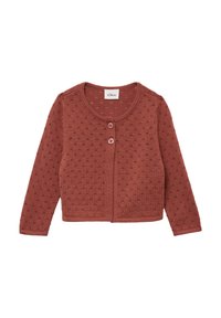 Roodbruine cardigan met lange mouwen, ronde hals en knoopsluiting. Heeft een textuurpatroon over de hele stof. Lichtgewicht gebreide stof.