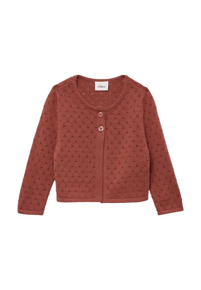 Roodbruine cardigan met lange mouwen, ronde hals en knoopsluiting. Heeft een textuurpatroon over de hele stof. Lichtgewicht gebreide stof.
