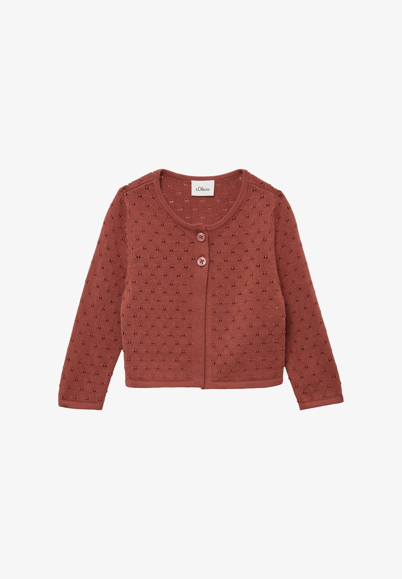 Rostfarbener Cardigan mit langen Ärmeln, runder Ausschnitt und Knopfverschluss. Verfügt über ein strukturiertes Muster im gesamten Design. Aus leichtem Strickmaterial.