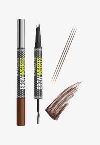 Stylo à sourcils double embout avec une pointe à trois branches et une brosse goupillon, montrant des traits fins ressemblant à des poils bruns et une tache de couleur pour sourcils.