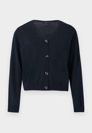 Cardigan albastru marin cu decolteu în V, mâneci lungi și cinci nasturi metalici pe față. Fabricat dintr-un material tricotat moale, design scurtat.