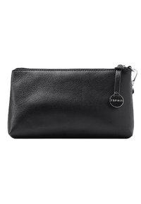 Pochette en cuir noir, forme rectangulaire, surface texturée, fermeture éclair, et un petit accent circulaire avec le nom de la marque.