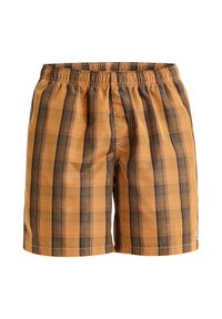 Bañador a cuadros naranja y negro con cintura elástica. Tejido ligero y texturizado con corte holgado y dobladillo cosido.
