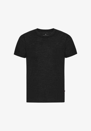 T-shirt nero realizzato in tessuto testurizzato, con un classico collo rotondo e maniche corte. Dettaglio logo discreto vicino all'orlo.